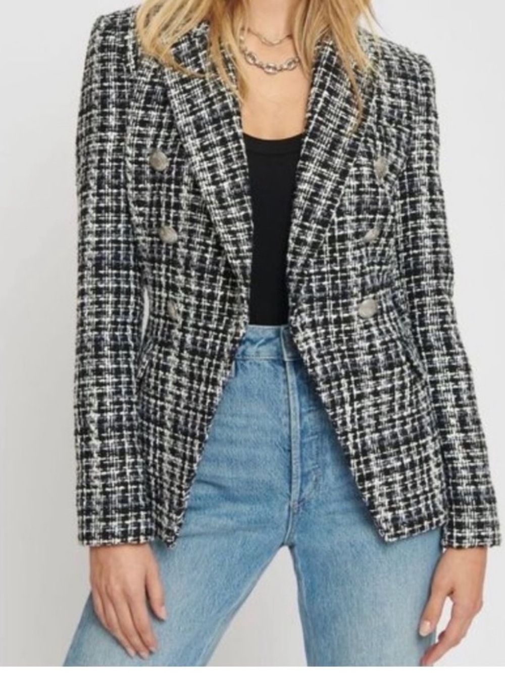 Dynamite Black & White Tweed Double Breasted Blazer Jacket Silver Buttons XS